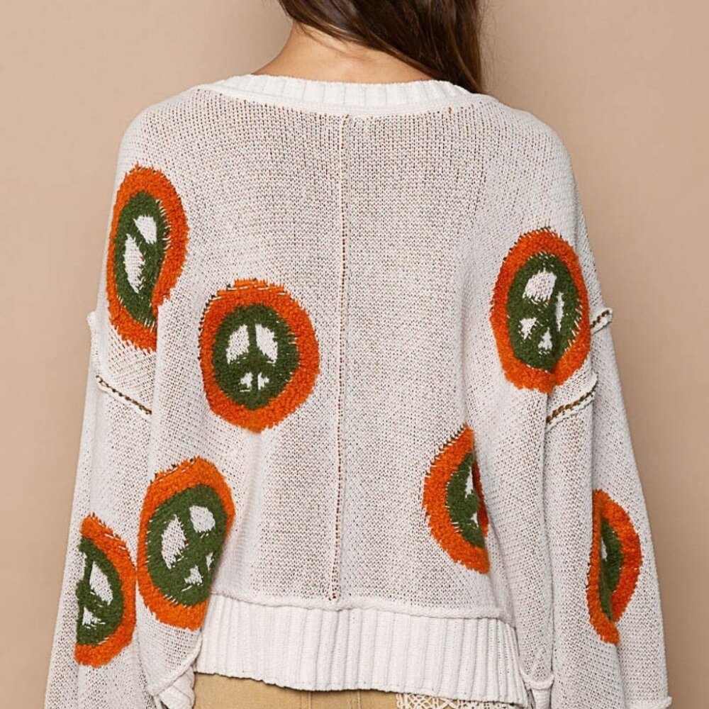 POL V Neck Long Sleeve Peace Pattern Sweater - Picture 2 of 4